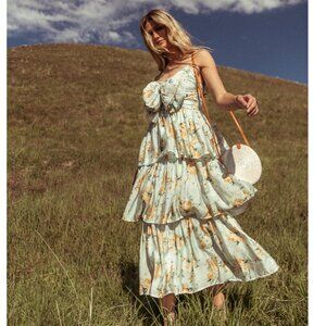 NWT Bohme By the River Ava Floral Midi Tiered Summer Dress Sage Teen Large